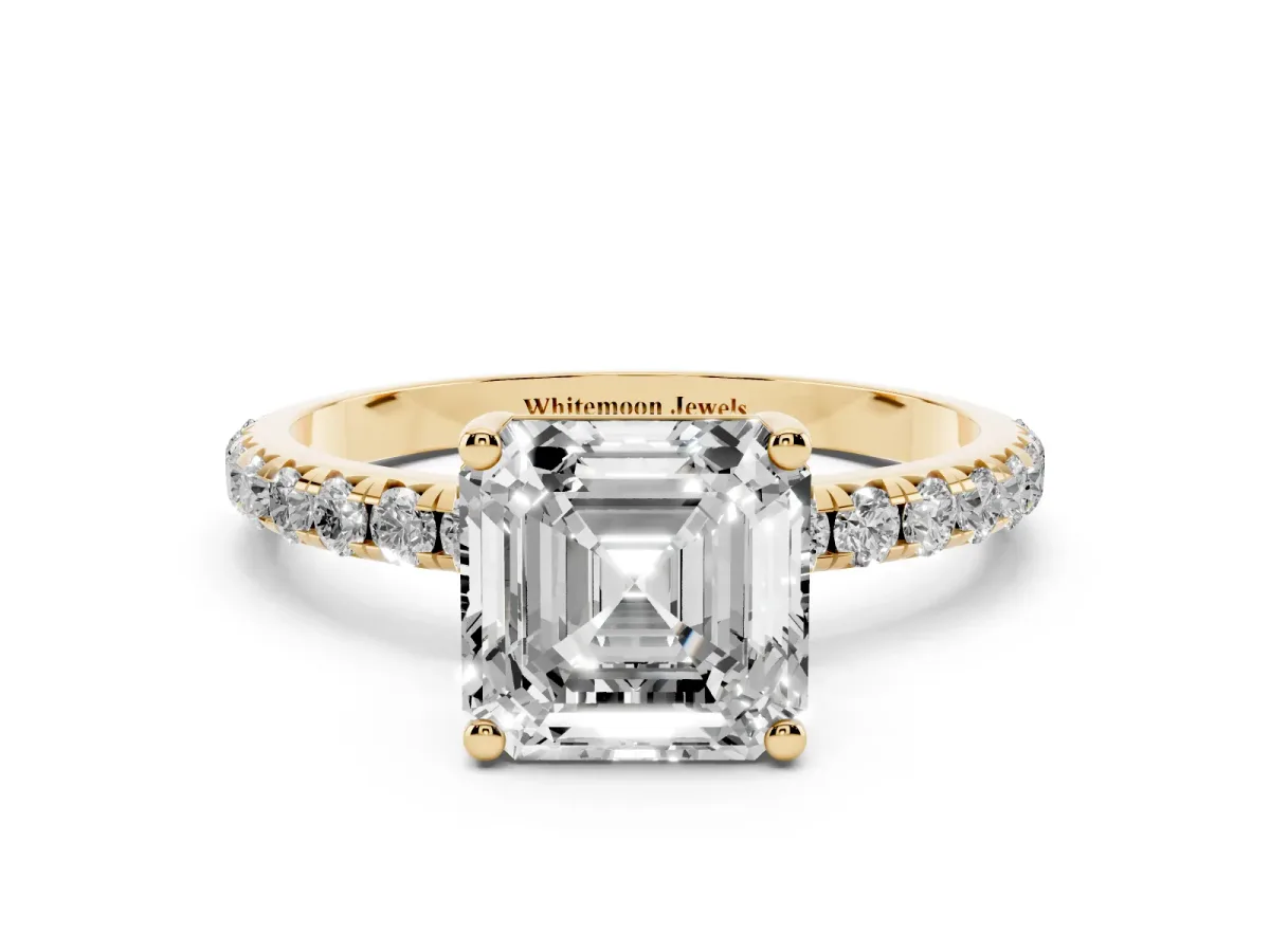 Asscher Cut Cut Diamond Solitaire Ring with Micro Pave Band and Four Prong Setting Yellow gold