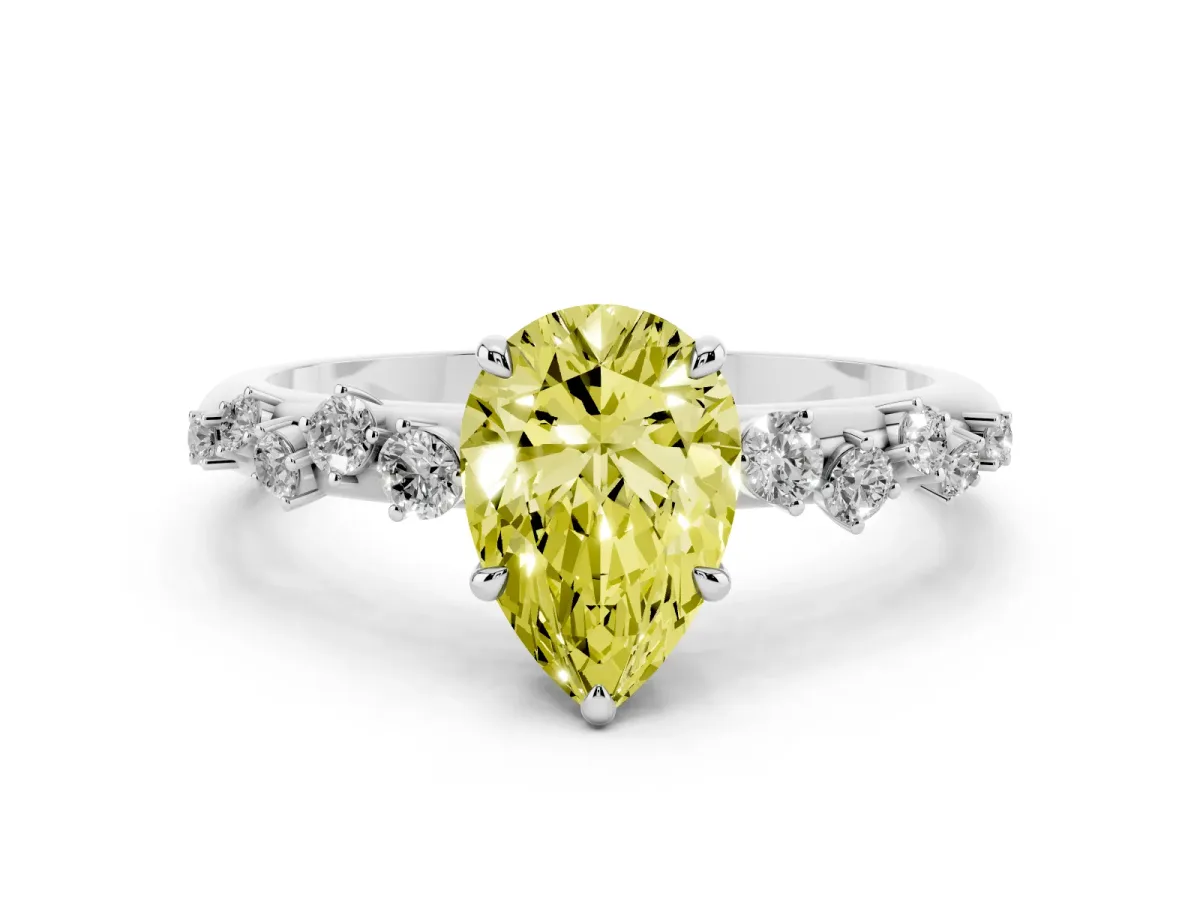 Fancy Yellow Pear Cut Diamond Cluster Prong-Set Solitaire Ring White gold