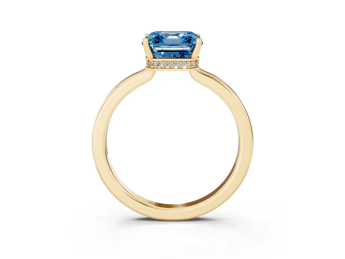 Fancy Blue Asscher Cut Cut Solitaire Engagement Ring with Four-Prong Setting on a Classic Band Yellow gold