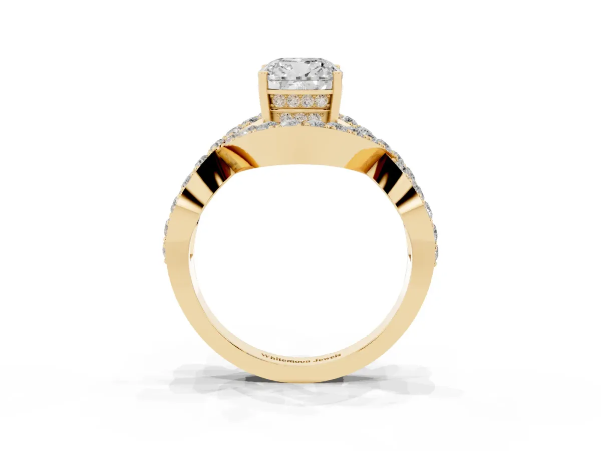 Cushion Cut Solitaire Twist Band Pavé Diamond Engagement Ring Yellow gold