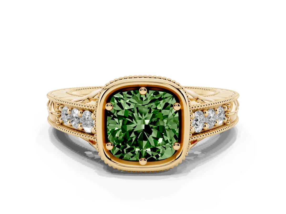 Fancy Green Bezel Set Cushion Cut Diamond Milgrain Pave Engagement Ring Yellow gold
