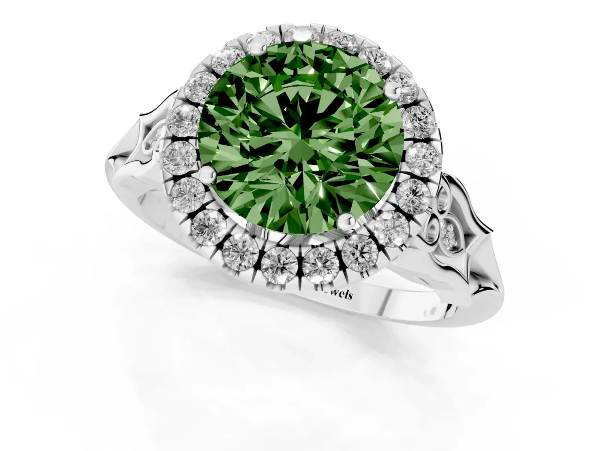 Fancy Green Round Cut Halo Diamond Engagement Ring with Filigree Band and Four-Prong Setting Platinum
