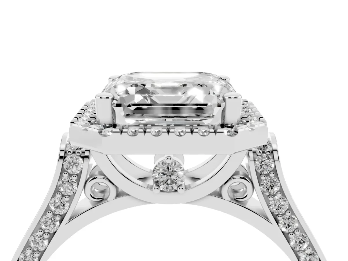 Asscher Cut Halo Pave Split Shank Prong Setting Ring Silver