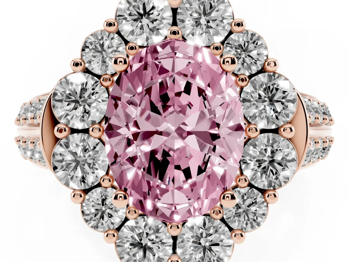 Fancy Pink Oval Cut Halo Diamond Engagement Ring with Split Shank and Prong Setting Rose gold