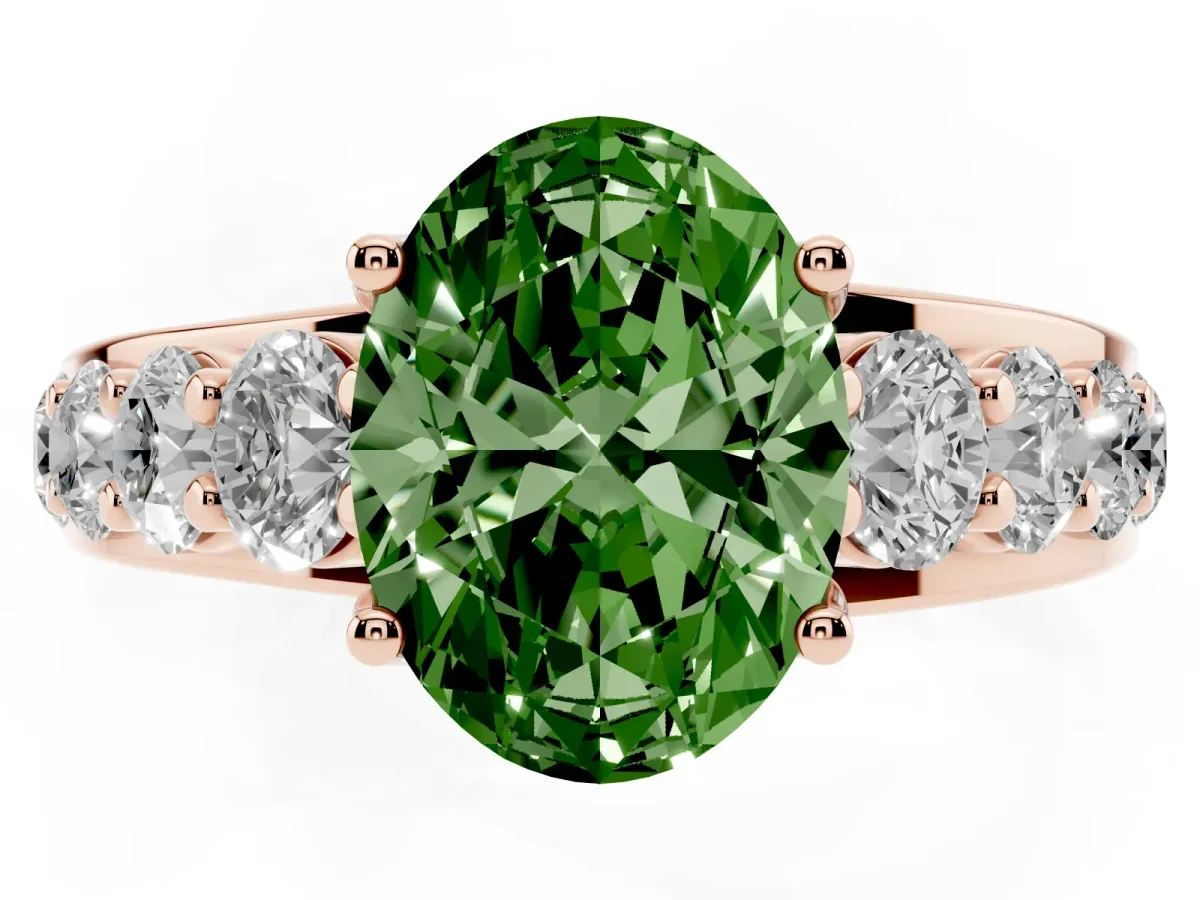 Fancy Green Oval Cut Diamond Engagement Ring with Pavé Band and Four-Prong Setting Rose gold