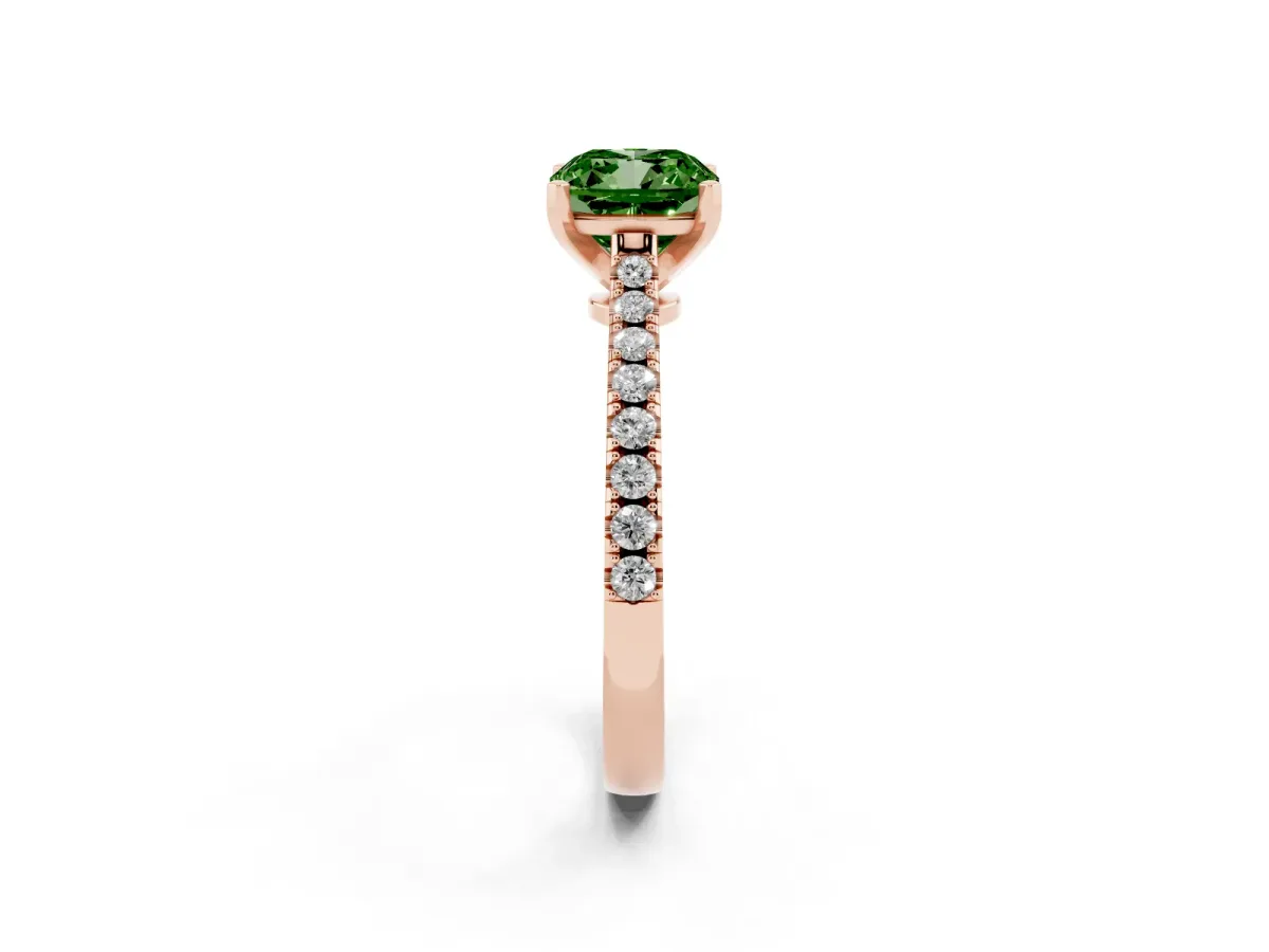 Fancy Green Cushion Cut Cut Solitaire Diamond Engagement Ring with Pave Band and Four-Prong Setting Rose gold
