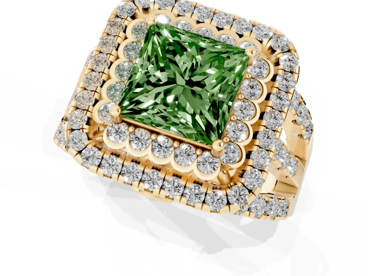 Fancy Green Princess Cut Diamond Double Halo Ring with Round Pavé Split Shank and Prong Setting Yellow gold