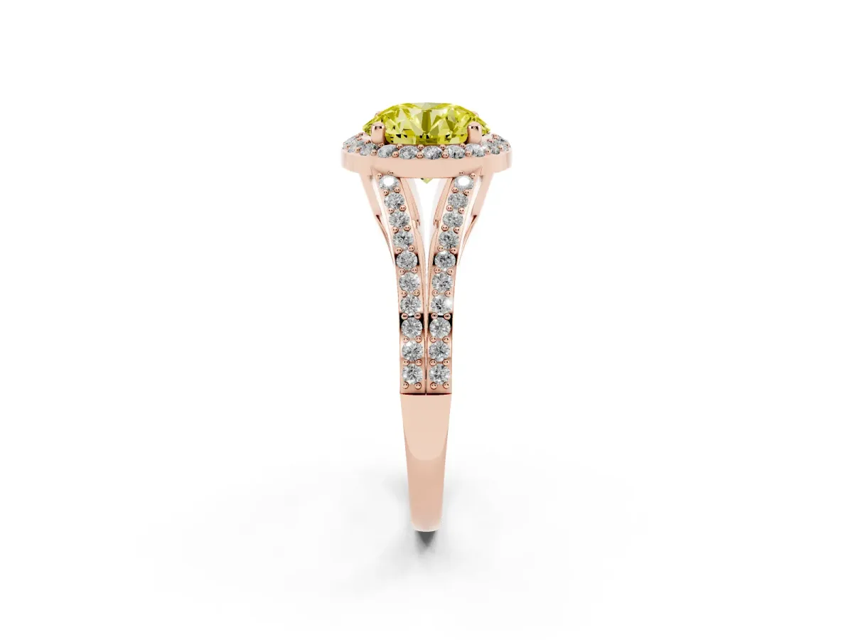 Fancy Yellow Round Cut Halo Split Shank Pave Diamond Ring with Four-Prong Setting Rose gold