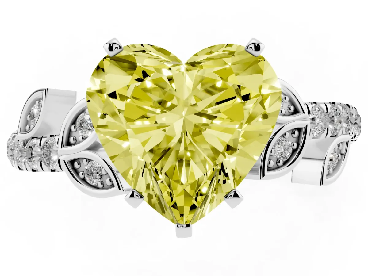 Fancy Yellow Heart Cut Solitaire Leaf-Inspired Diamond Ring with Pavé Band and Four-Prong Setting Platinum