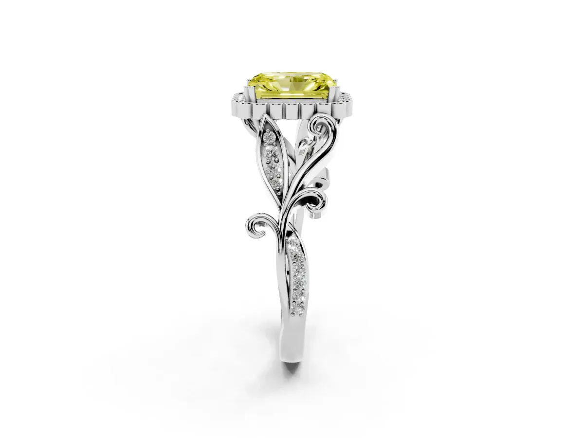Fancy Yellow Radiant Cut Diamond Halo Ring with Vintage Split Shank and Four-Prong Setting Silver