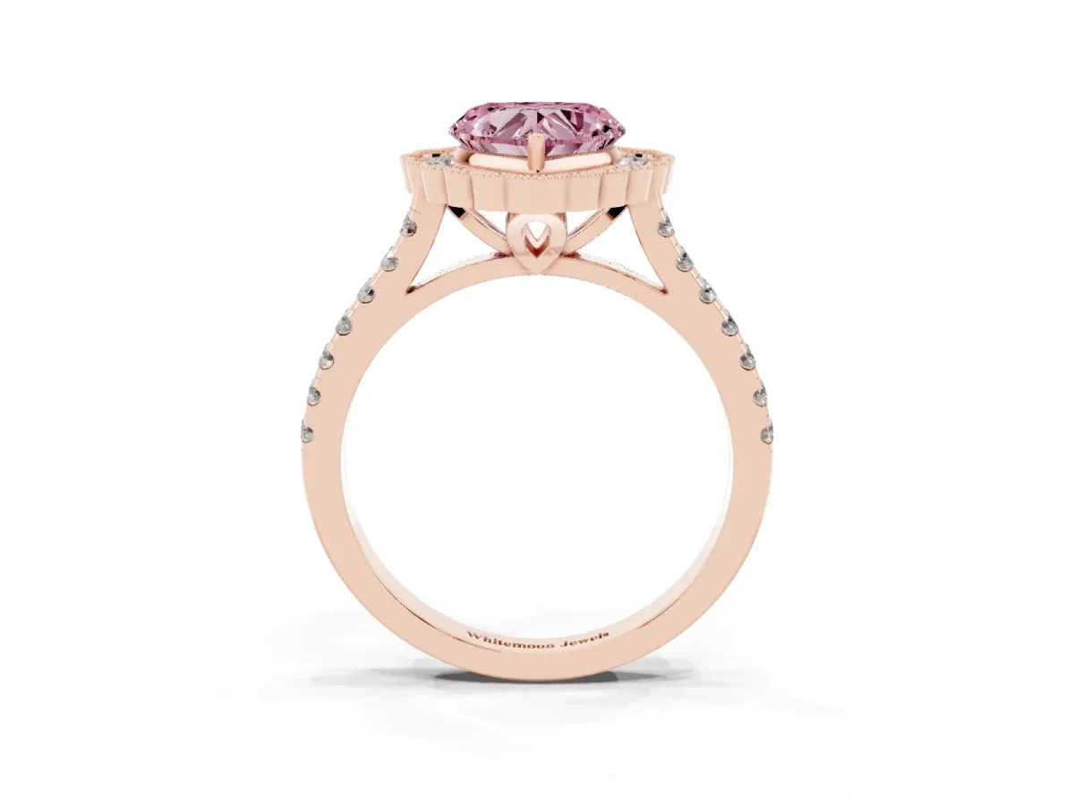 Fancy Pink Heart Cut Cut Diamond Milgrain Floral Halo Engagement Ring with Pavé Band Rose gold
