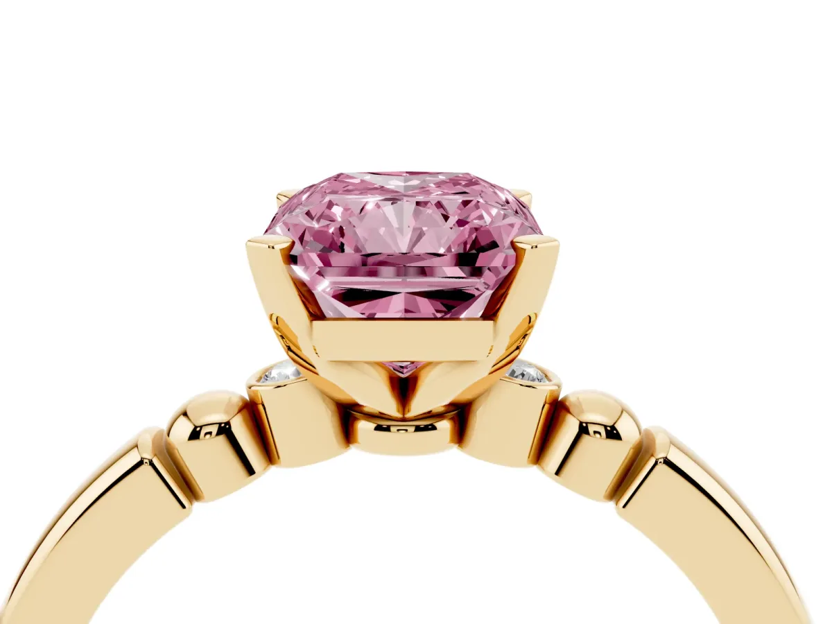 Fancy Pink Radiant Cut Solitaire Beaded Band with Four-Prong Setting Yellow gold