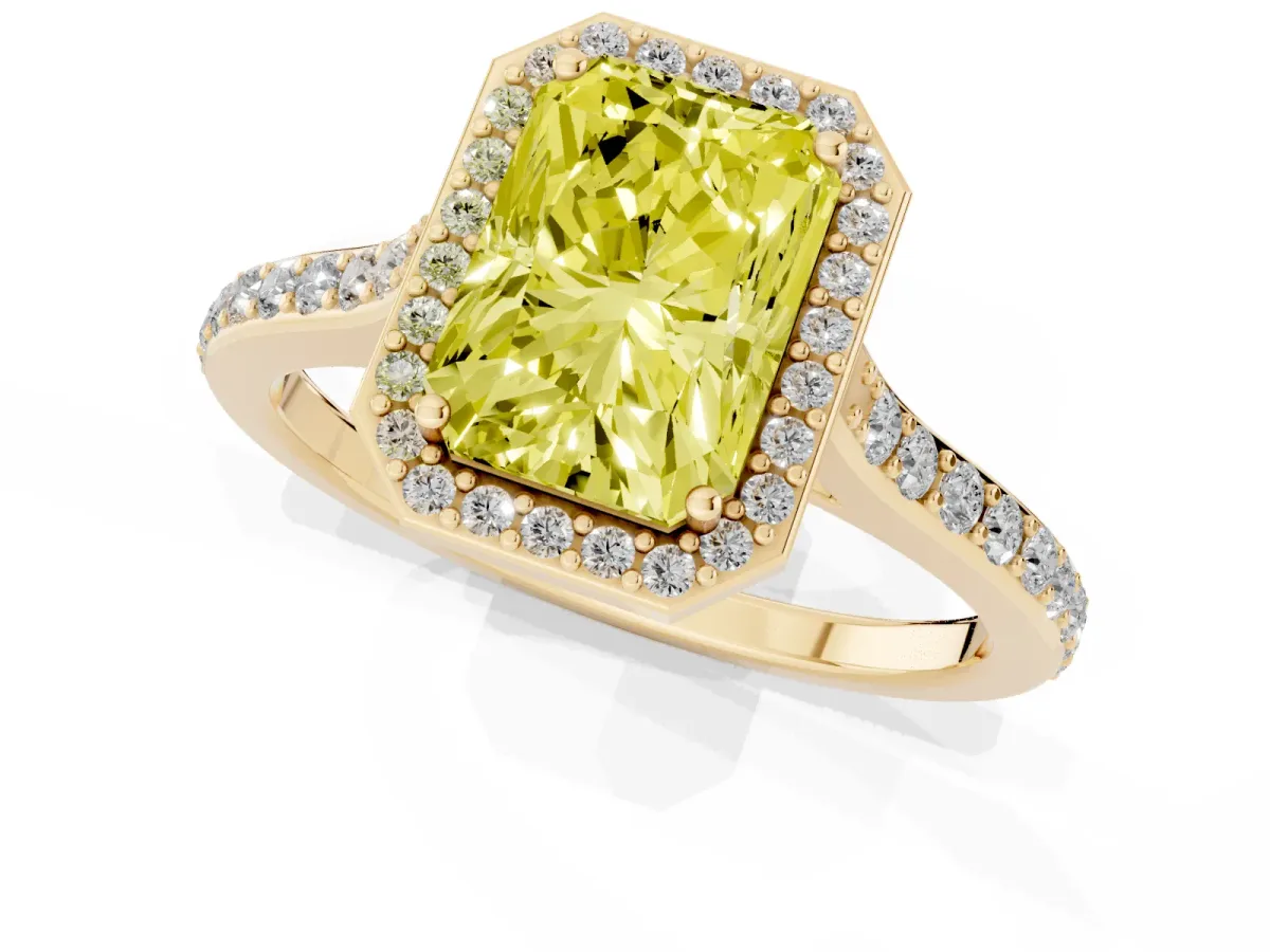 Fancy Yellow Radiant Cut Diamond Halo Engagement Ring with Round Pavé Shoulders and Prong Setting Yellow gold