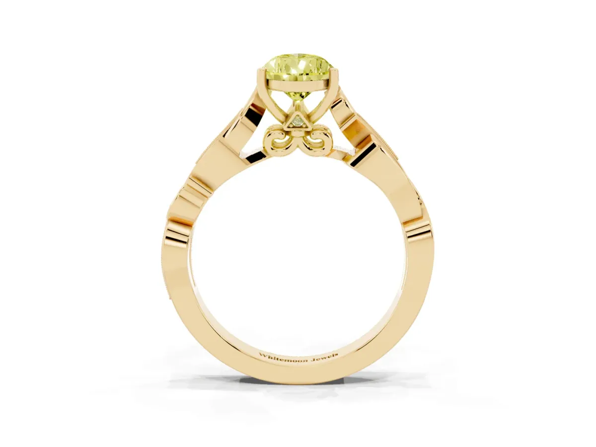Fancy Yellow Pear Cut Solitaire Vine Band with Milgrain Prong Setting Yellow gold
