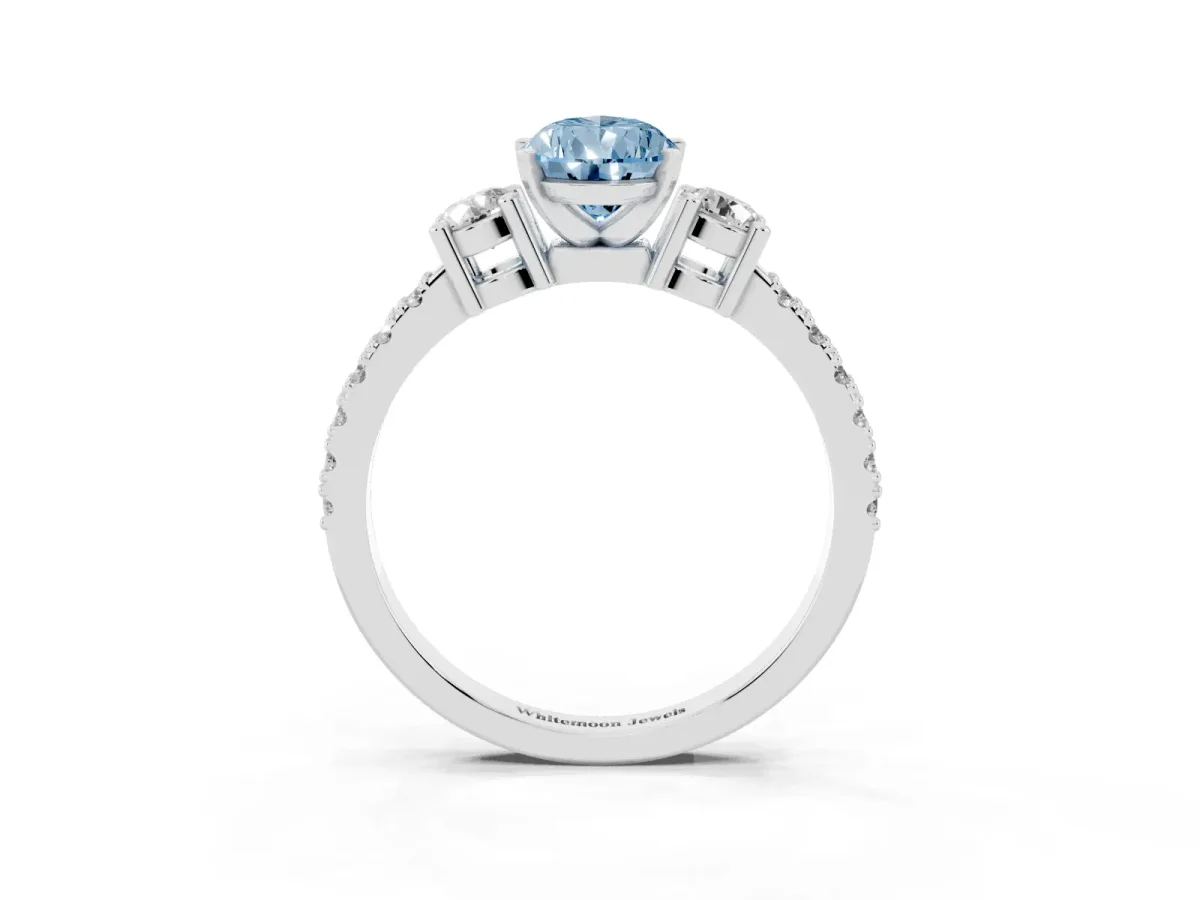 Fancy Blue Pear Cut Three-Stone Diamond Pavé Band with Prong Setting Silver