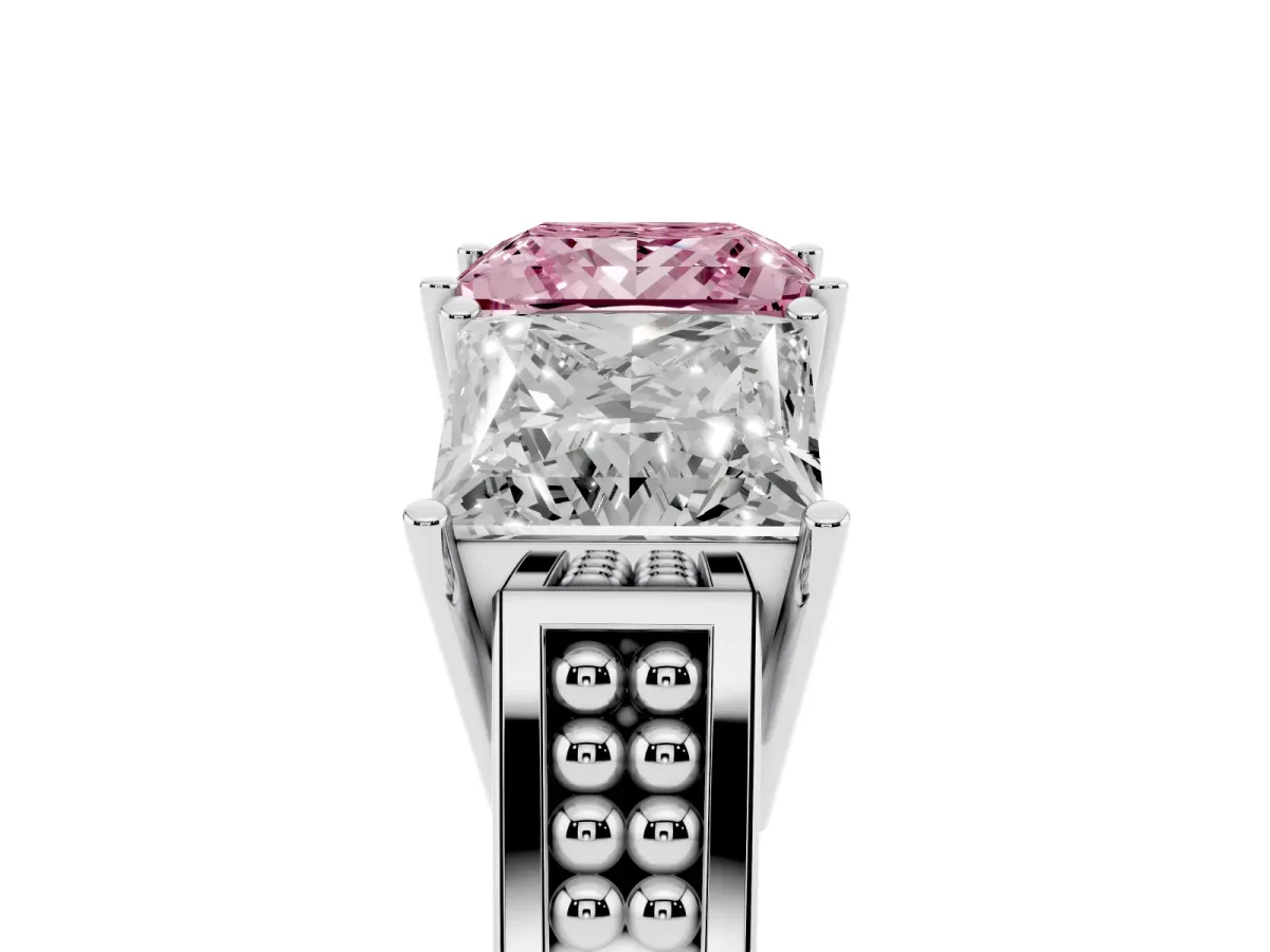 Fancy Pink Princess Cut Diamond Three-Stone Ring with Prong Setting and Textured Band Platinum