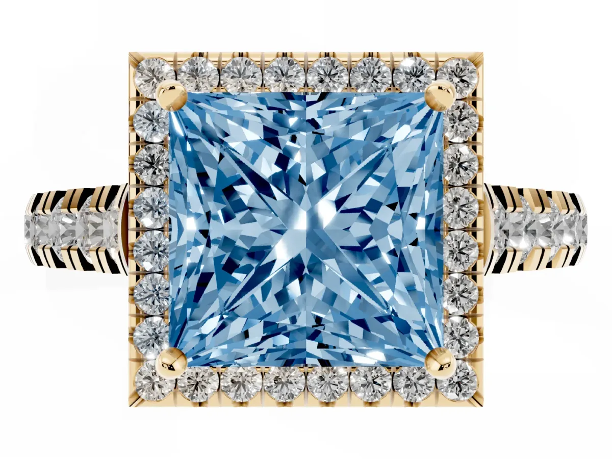 Fancy Blue Princess Cut Halo Pavé Diamond Engagement Ring with Four-Prong Setting Yellow gold