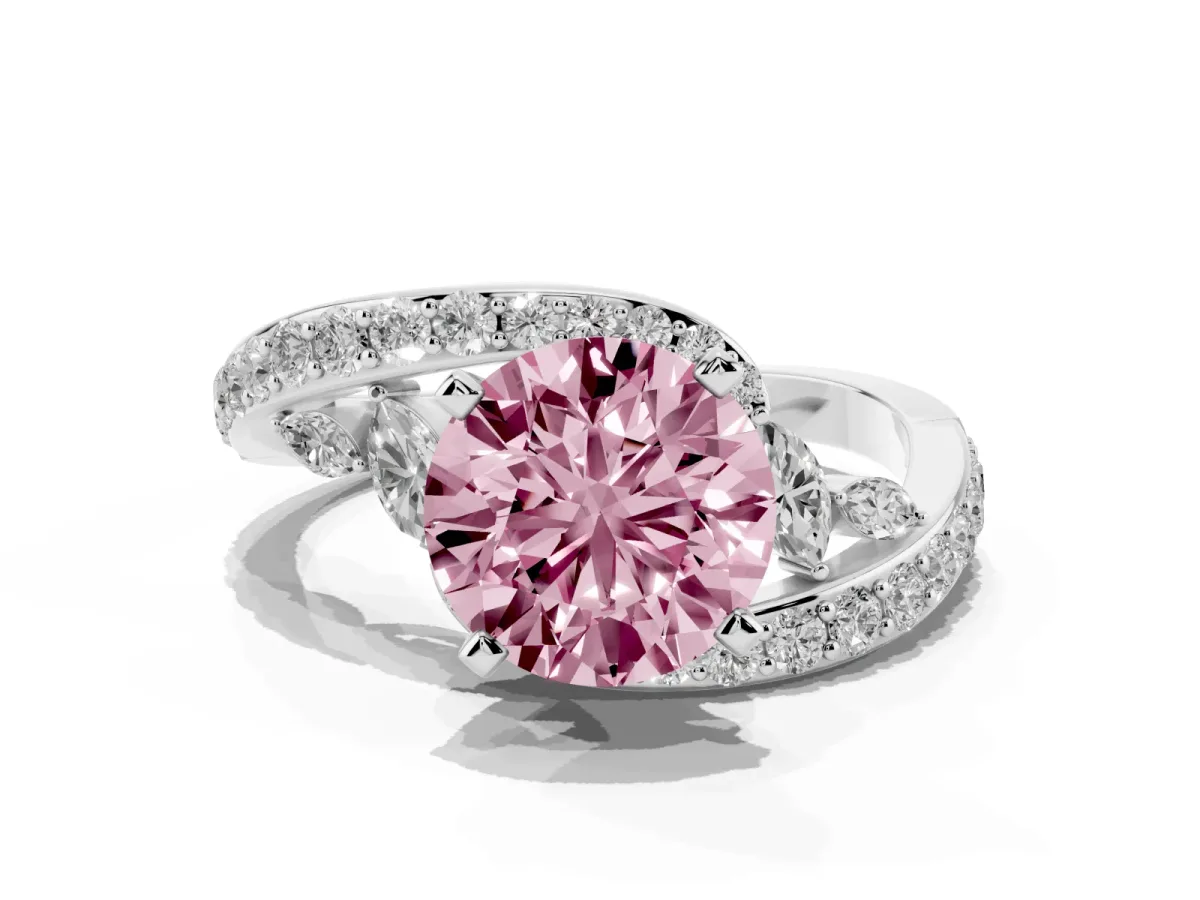 Fancy Pink Round Cut Solitaire with Pavé Twist Band and Four-Prong Setting Silver