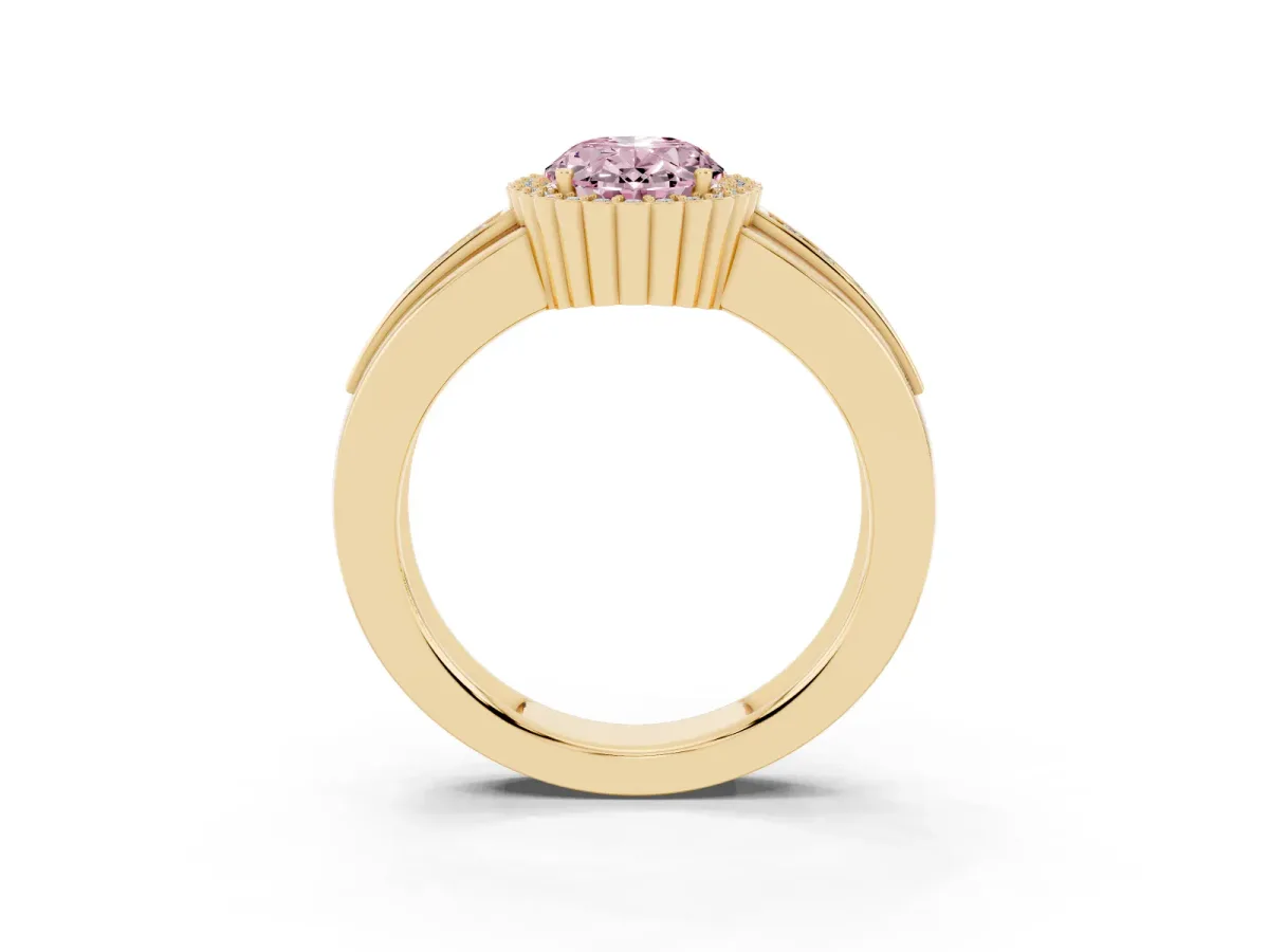 Fancy Pink Oval Cut Cut Halo Pave Band Four-Prong Ring Yellow gold