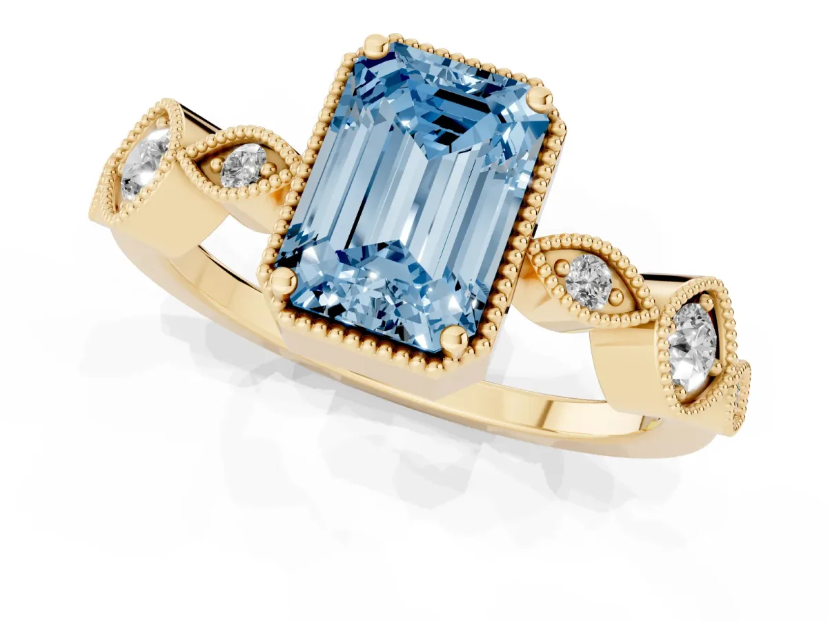 Fancy Blue Emerald Cut Diamond Vintage Milgrain Ring with Round Stations Yellow gold