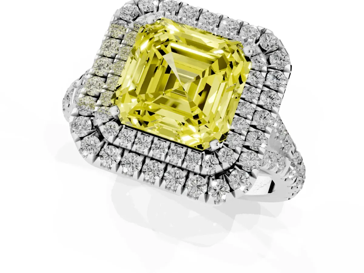 Fancy Yellow Asscher Cut Cut Double Halo Split Shank Diamond Ring with Prong Setting Platinum
