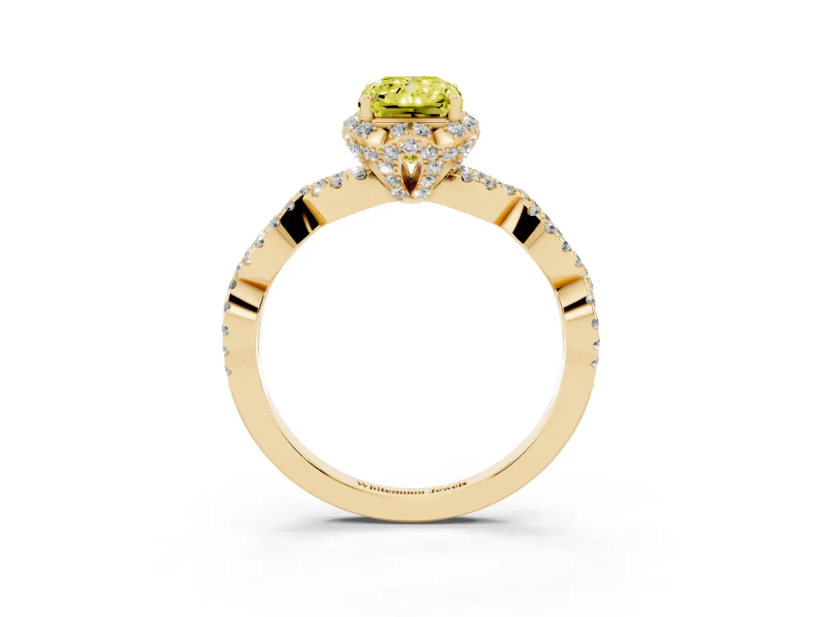 Fancy Yellow Radiant Cut Halo Twist Band Solitaire Ring with Six-Prong Setting Yellow gold