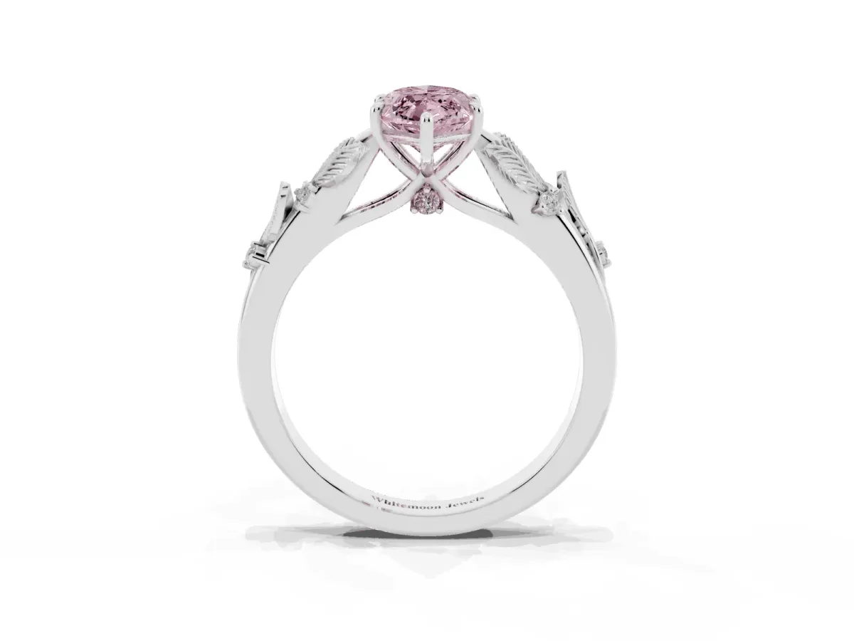 Fancy Pink Marquise Cut Diamond Solitaire Ring with Leaf Motif Band and Four-Prong Setting Silver