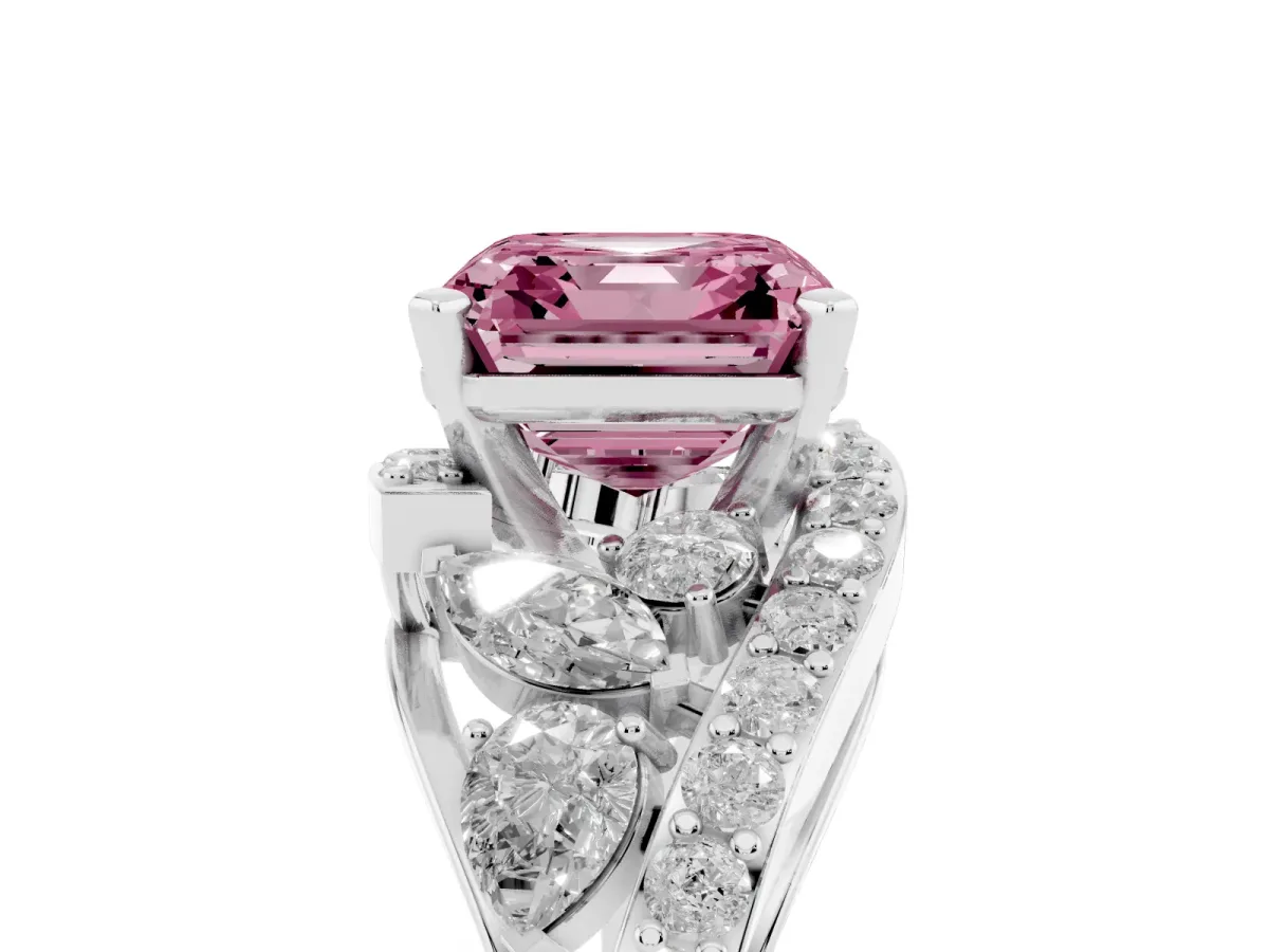 Fancy Pink Asscher Cut Diamond Halo Ring with Marquise and Pavé Band in Prong Setting Silver