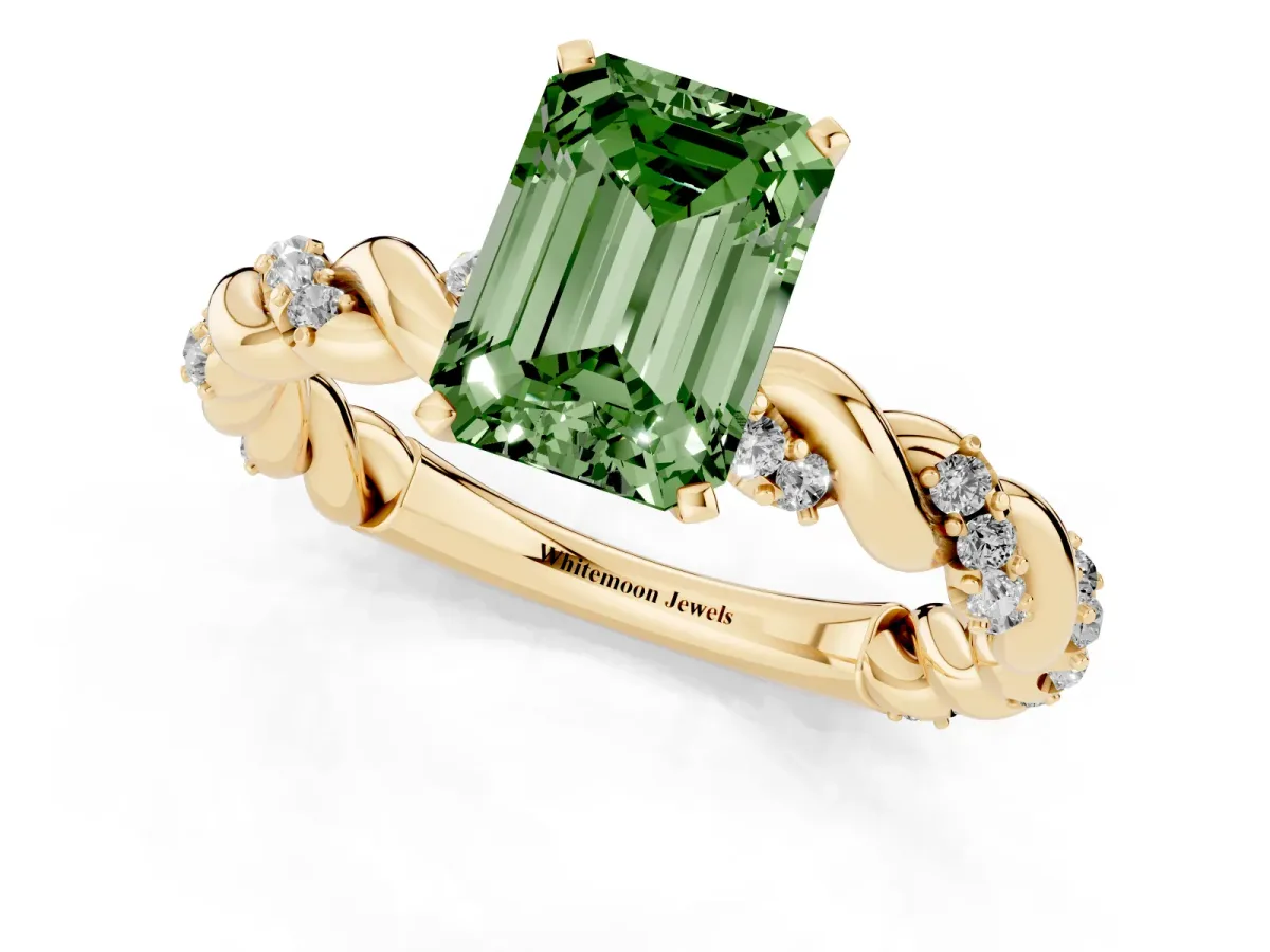 Fancy Green Emerald Cut Diamond Solitaire Ring with Twisted Band and Pavé Accents Yellow gold