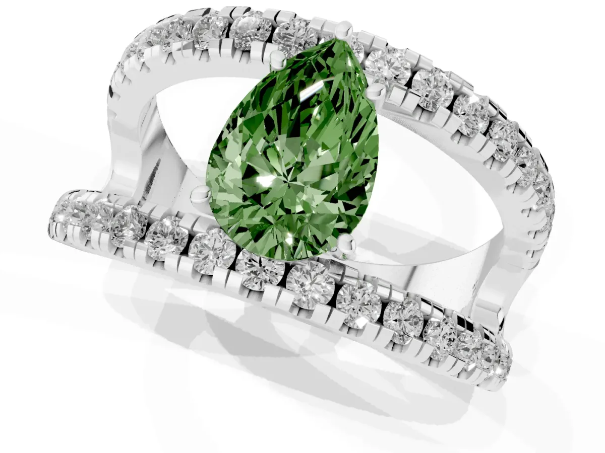 Fancy Green Pear Cut Solitaire Split Shank Pave Diamond Ring Silver