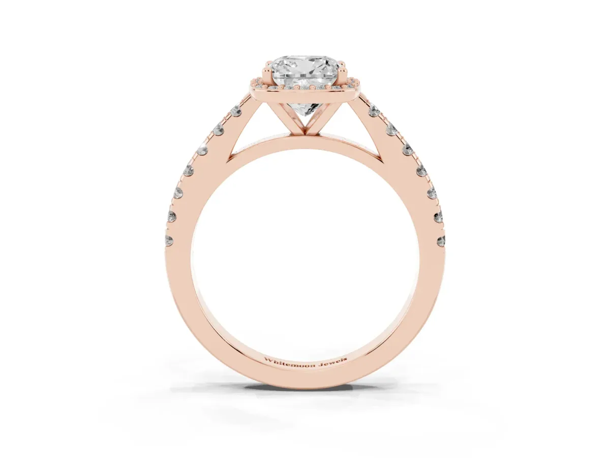Cushion Cut Cut Halo Diamond Engagement Ring with Pave Band and Four-Prong Setting Rose gold
