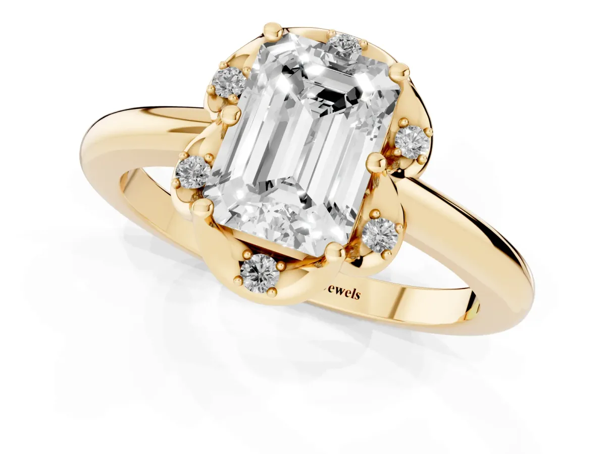 Emerald Cut Halo Diamond Ring with Round Cluster Setting, Solitaire Band, and Four-Prong Setting Yellow gold