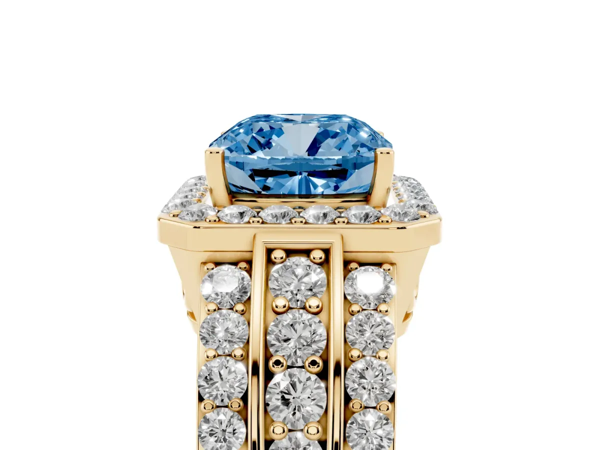 Fancy Blue Cushion Cut Halo Diamond Ring with Round Split Shank and Prong Setting Yellow gold