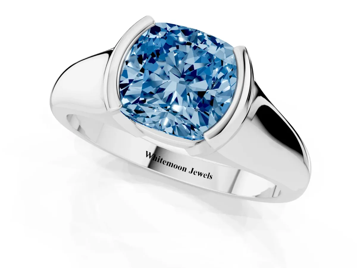 Fancy Blue Cushion Cut Solitaire Tension Set Diamond Ring with Split Shank Band Platinum