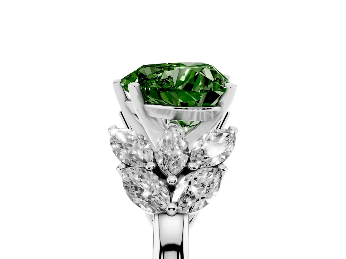 Fancy Green Heart Cut Diamond Cluster Leaf Design Ring with Prong Setting White gold