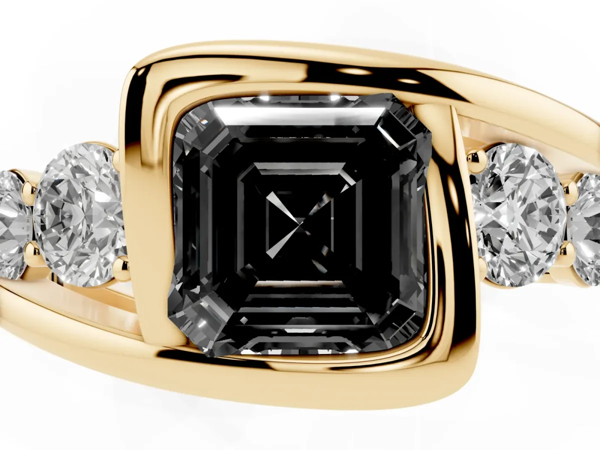 Fancy Black Bezel Set Asscher Cut Diamond Bypass Ring with Round Accents Yellow gold