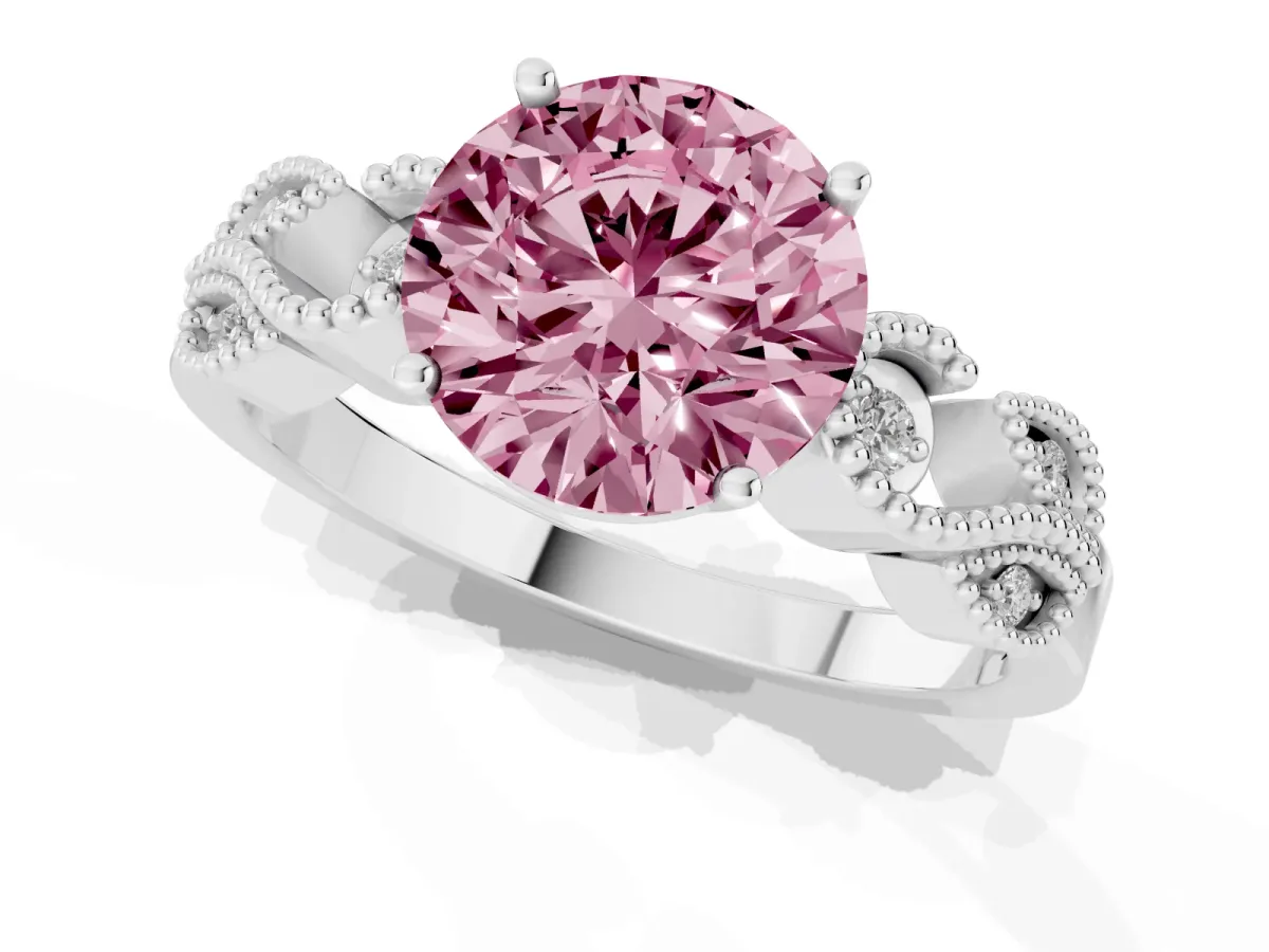 Fancy Pink Round Cut Solitaire Milgrain Leaf Band with Prong Setting Silver