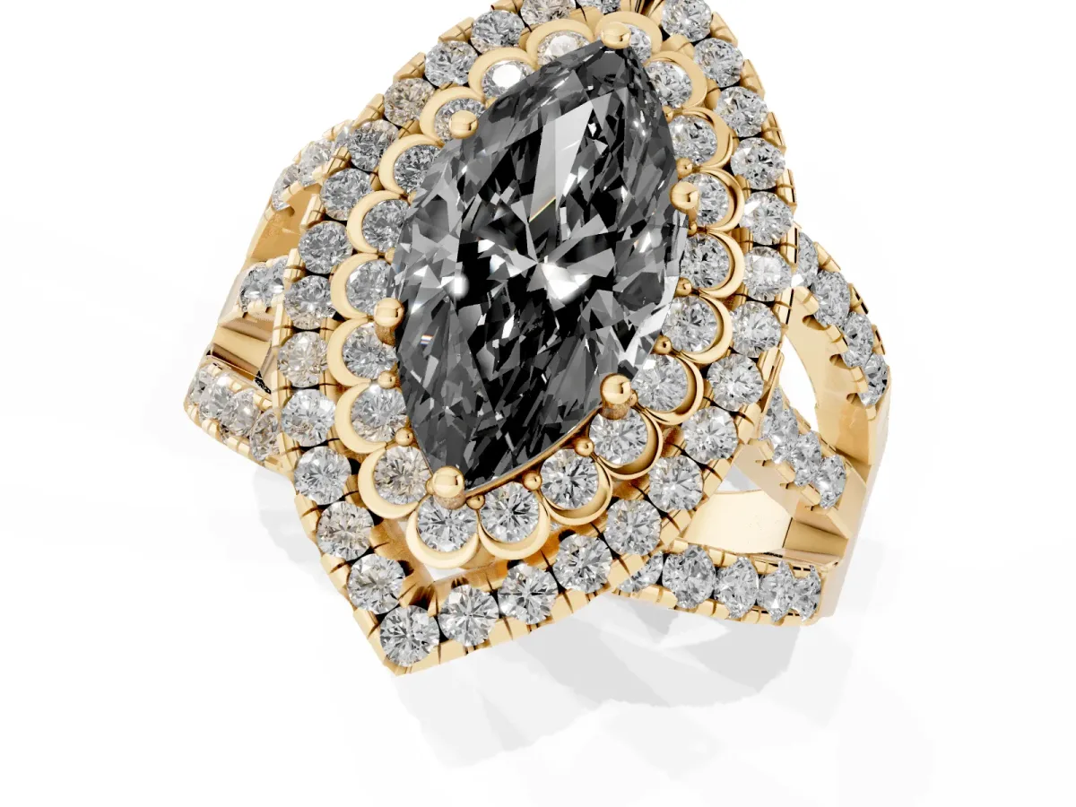Fancy Black Marquise Cut Diamond Double Halo Ring with Round Pavé Split Shank and Prong Setting Yellow gold
