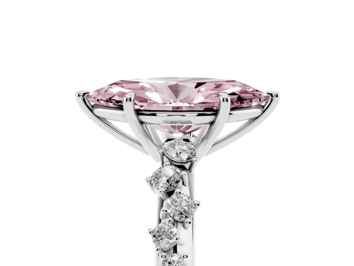 Fancy Pink Marquise Cut Diamond Cluster Side Stone Solitaire Ring with Prong Setting Silver