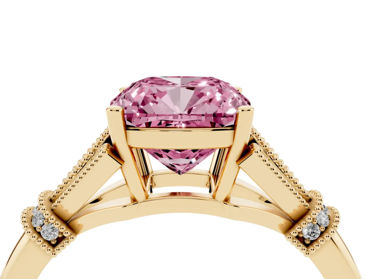 Fancy Pink Cushion Cut Diamond Solitaire Ring with Floral Filigree and Pave Accents Yellow gold