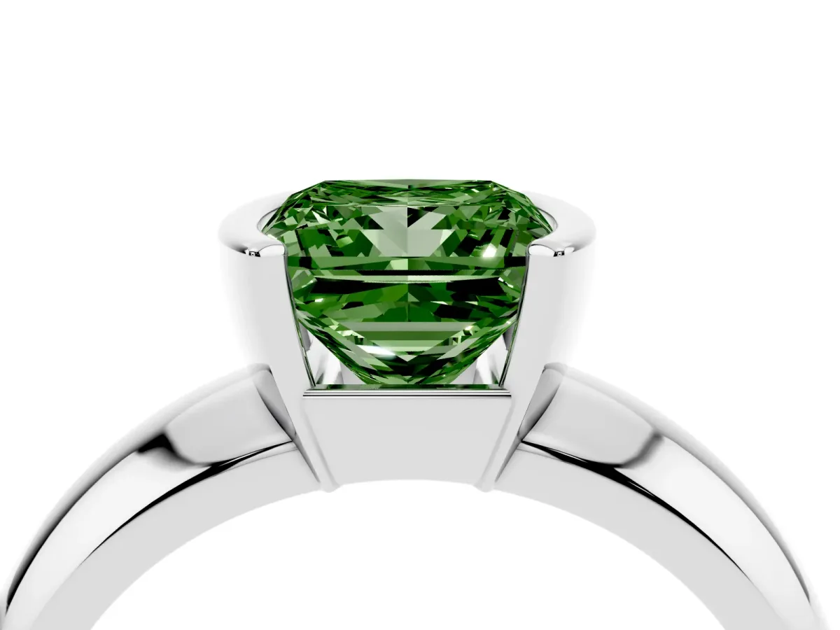 Fancy Green Princess Cut Solitaire Tension Set Diamond Ring with Wide Band Silver