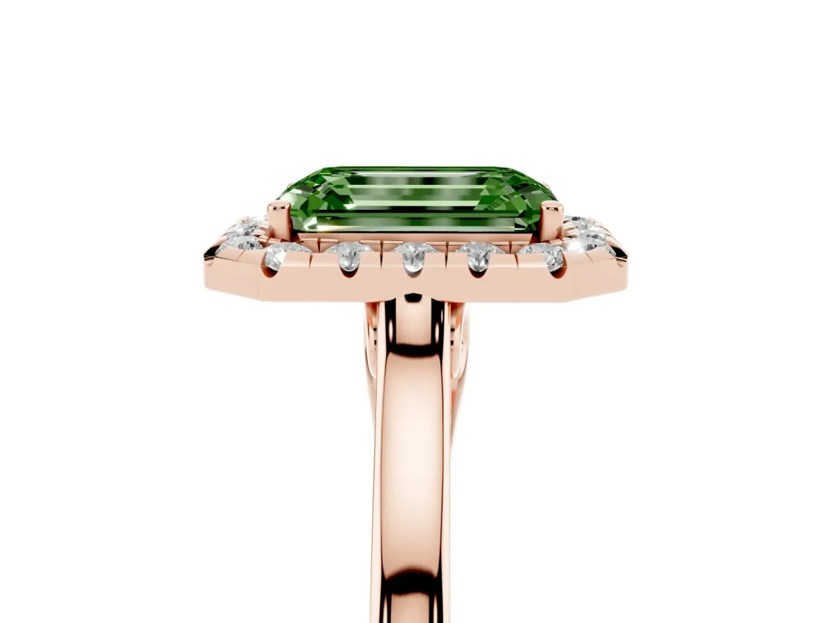 Fancy Green Emerald Cut Halo Round Diamond Solitaire Ring with Pavé Band and Four-Prong Setting Rose gold
