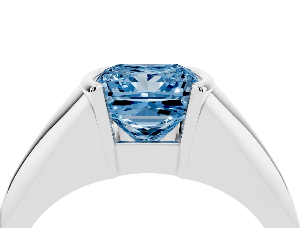 Fancy Blue Princess Cut Solitaire Tension Set Diamond Ring Silver