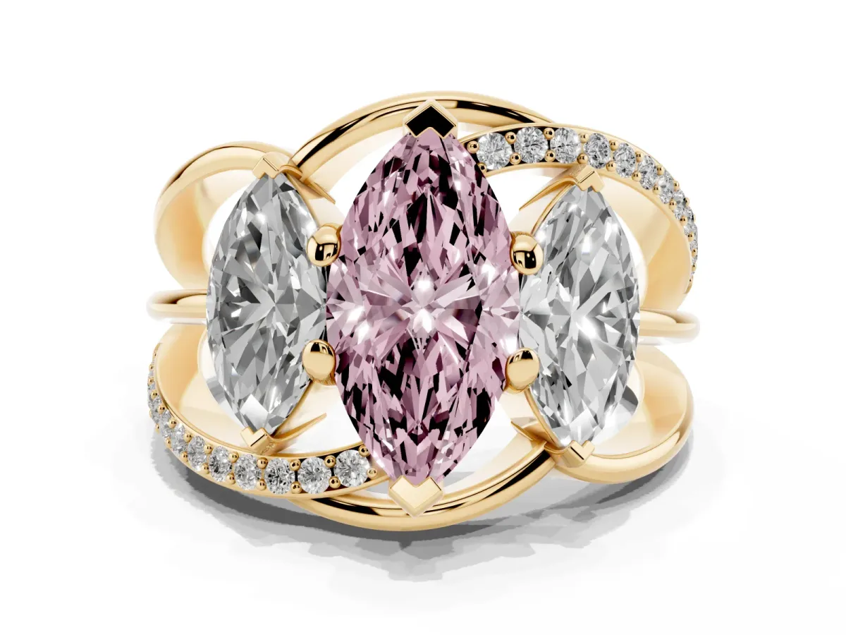 Fancy Pink Three-Stone Marquise Cut Cut Diamond Split Shank Prong Set Ring Yellow gold