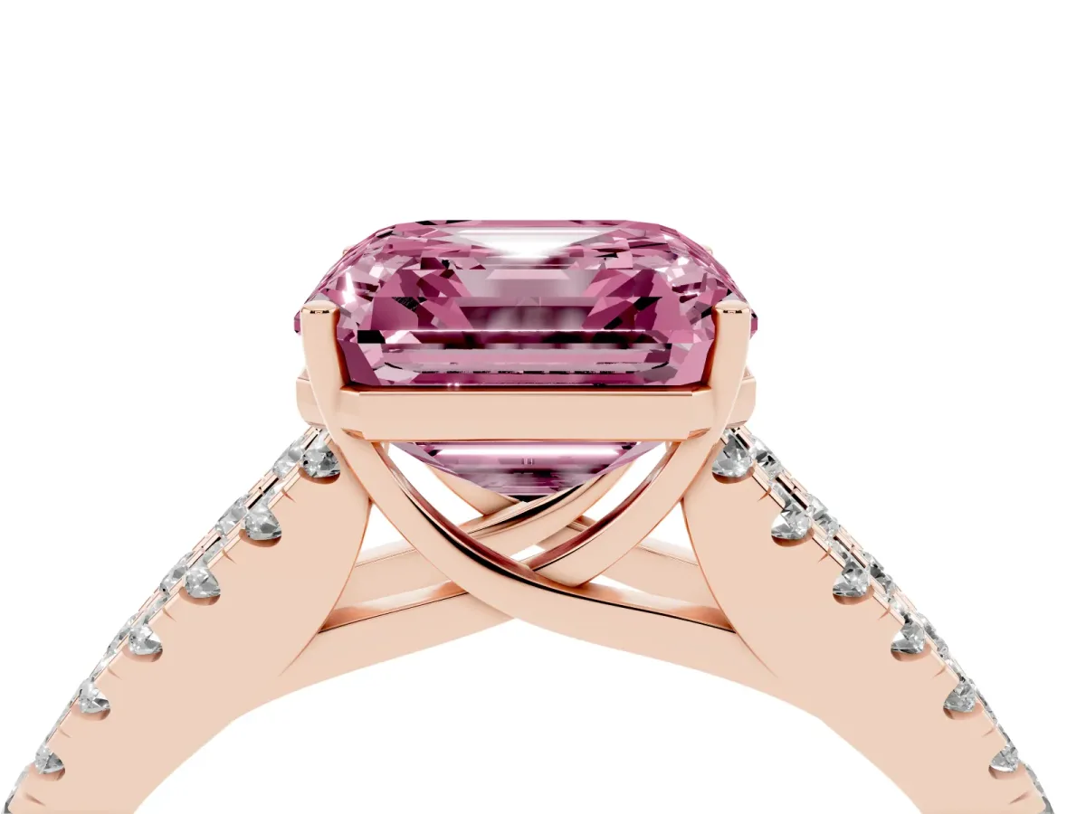 Fancy Pink Asscher Cut Diamond Split Shank Pavé Engagement Ring with Four-Prong Setting Rose gold