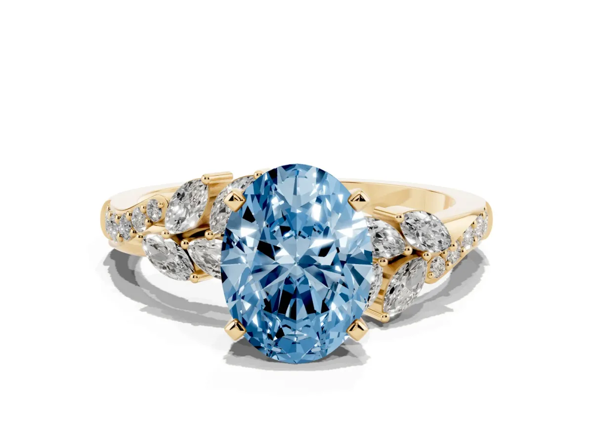 Fancy Blue Oval Cut Solitaire Marquise Twist Band with Six-Prong Setting Yellow gold