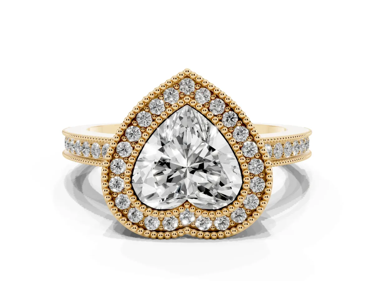 Heart Cut Cut Halo Diamond Ring with Pavé Band and Milgrain Prong Setting Yellow gold
