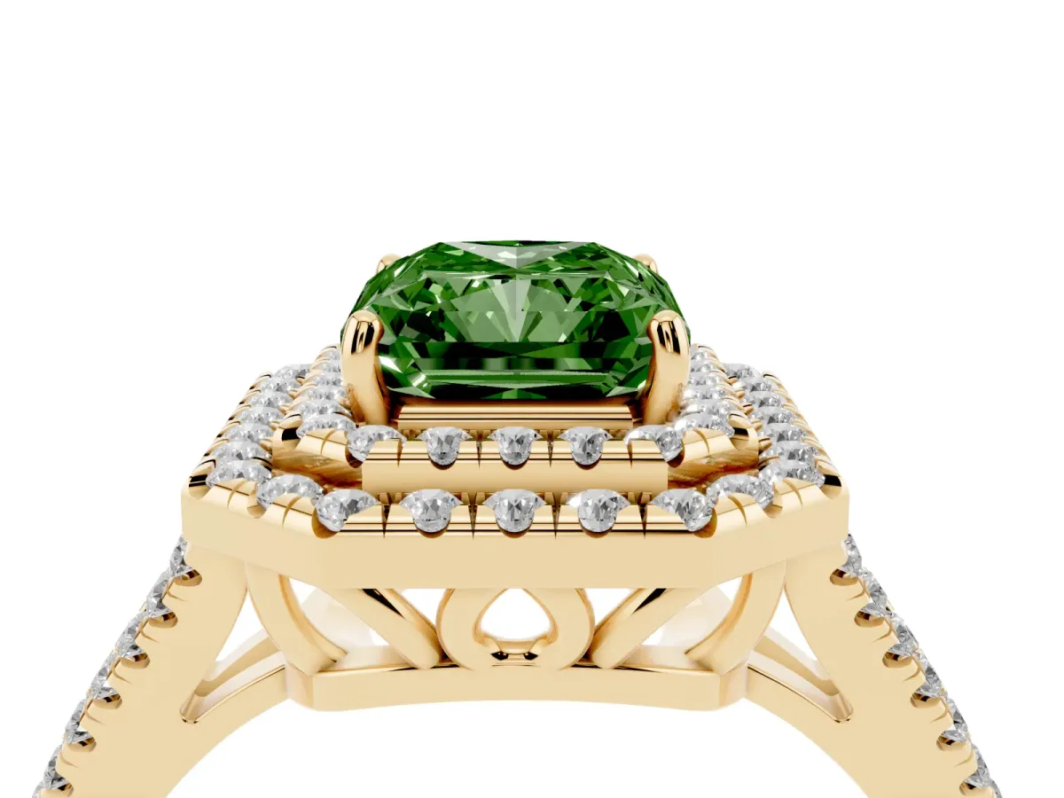 Fancy Green Radiant Cut Diamond Double Halo Ring with Pavé Band and Prong Setting Yellow gold
