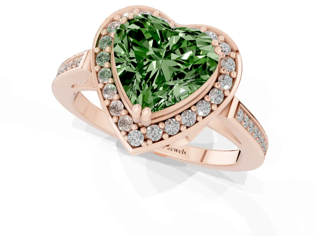 Fancy Green Heart Cut Diamond Halo Ring with Split Shank and Four-Prong Setting Rose gold