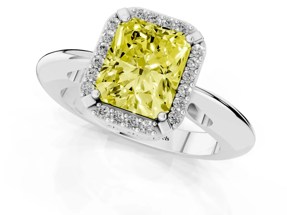 Fancy Yellow Radiant Cut Cut Diamond Halo Engagement Ring with Split Shank and Four-Prong Setting Silver
